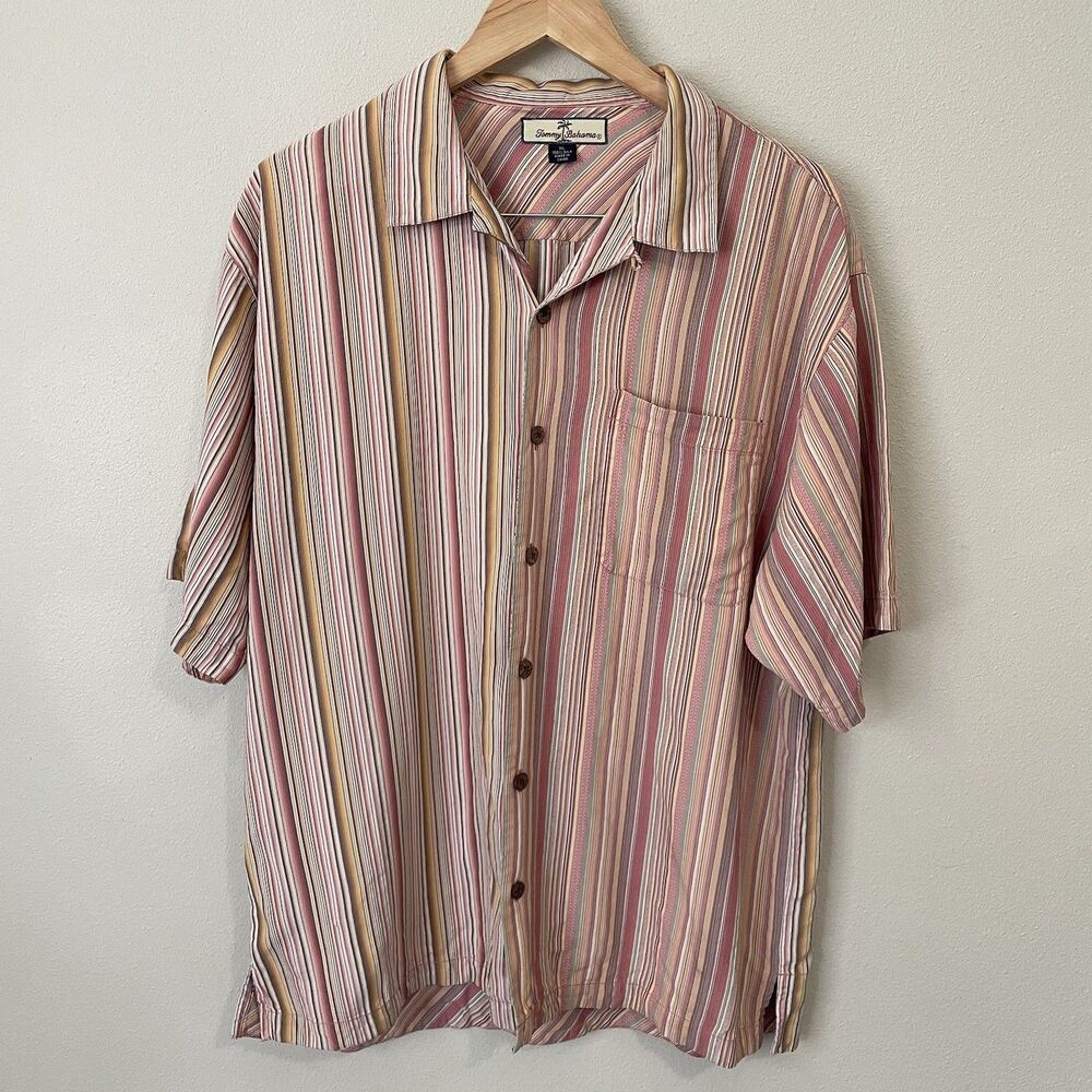 TOMMY BAHAMA Orange Striped 100% Silk Button Down Short Sleeve Shirt Mens XL
